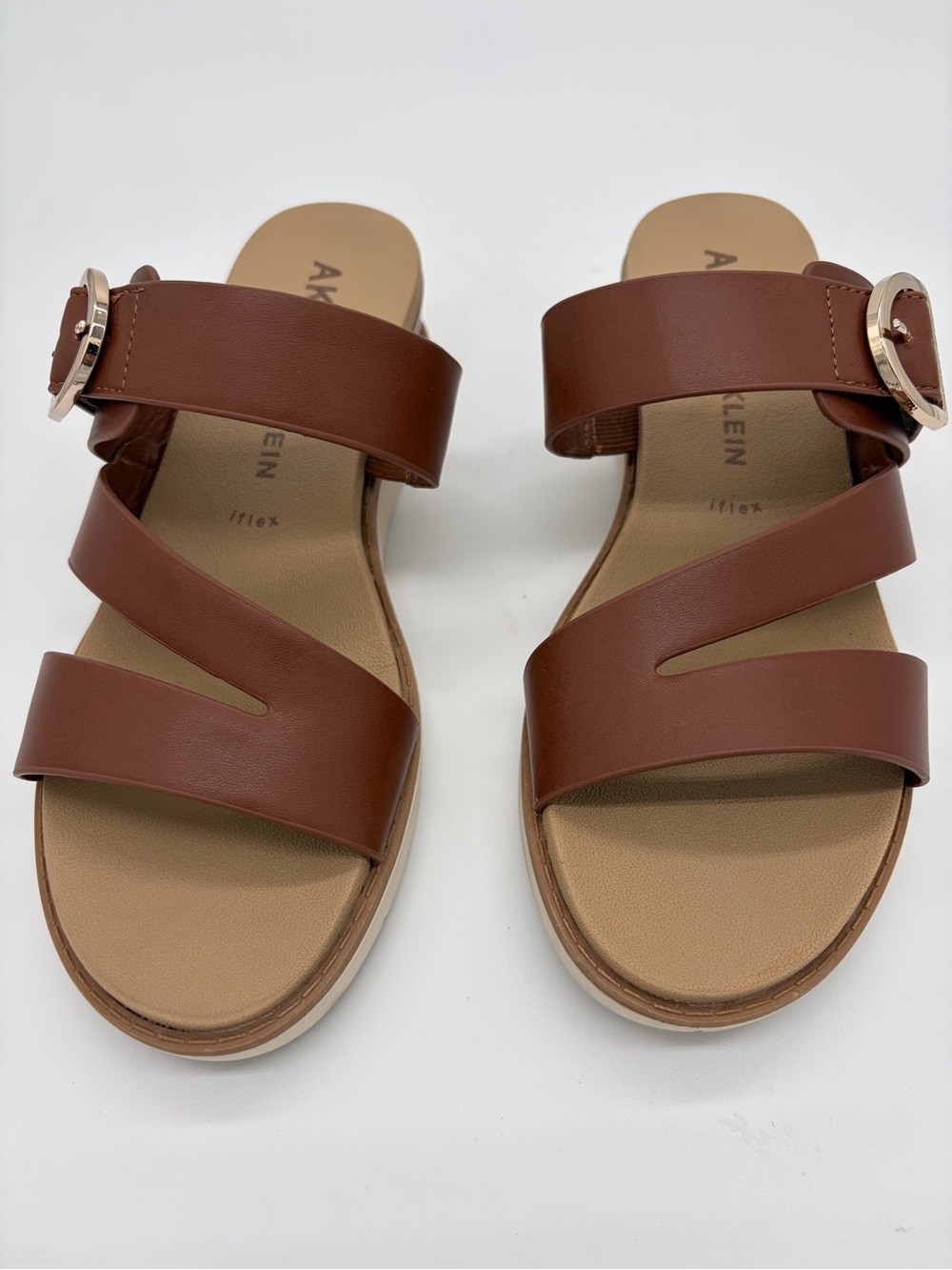 Anne Klein Cognac Brown Strappy Slide Sandals with Gold Buckle